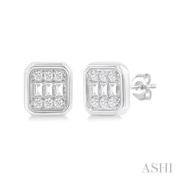 1/5 Ctw Petite Bezel Set Emerald Shape Fusion Baguette and Round Cut Diamond Fashion Stud Earring in 10K White Gold Hart's Jewelers Grants Pass, OR