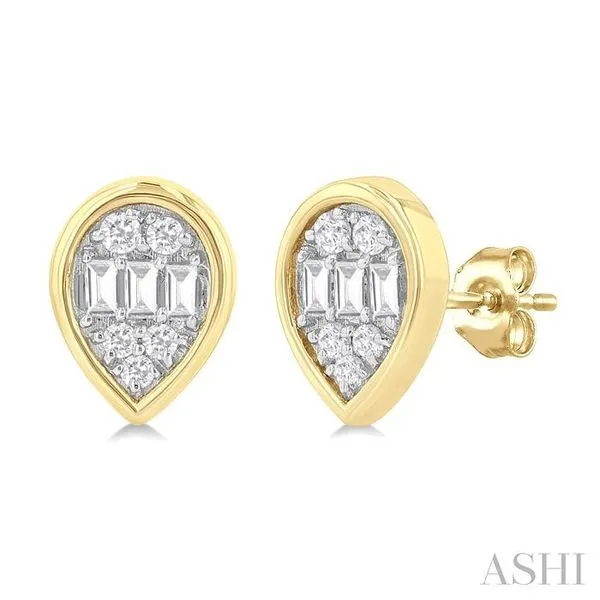 1/5 Ctw Petite Bezel Set Pear Shape Fusion Baguette and Round Cut Diamond Fashion Stud Earring in 10K Yellow Gold Hart's Jewelers Grants Pass, OR
