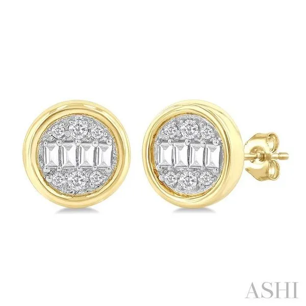 1/5 Ctw Petite Bezel Set Round Shape Fusion Baguette and Round Cut Diamond Fashion Stud Earring in 10K Yellow Gold Hart's Jewelers Grants Pass, OR