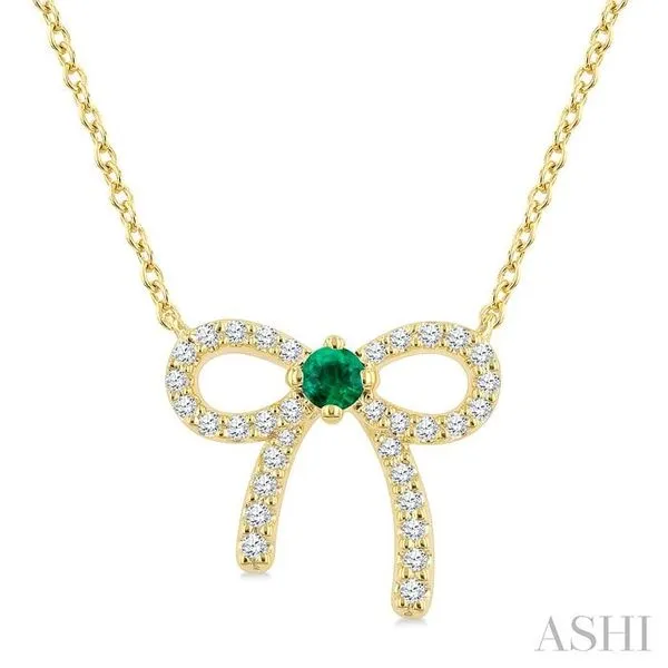 2.40 MM Round Shape Emerald and 1/8 Ctw Bow Round Cut Diamond Fashion Pendant With Chain in 10k Yellow Gold Hart's Jewelers Grants Pass, OR