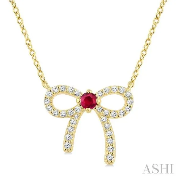 2.40 MM Round Shape Ruby and 1/8 Ctw Bow Round Cut Diamond Fashion Pendant With Chain in 10k Yellow Gold Hart's Jewelers Grants Pass, OR