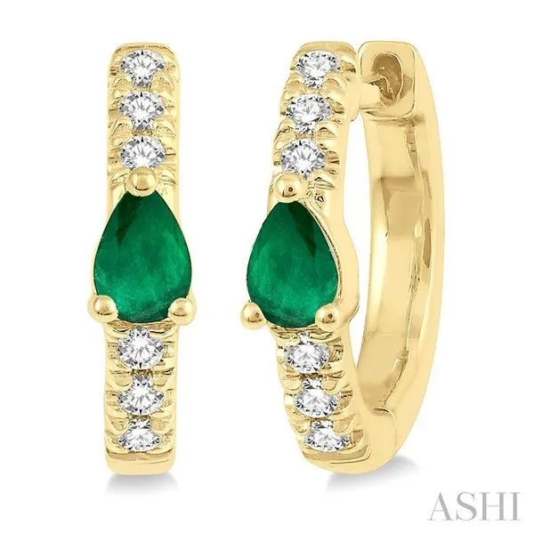 4X3 MM Pear Cut Emerald and 1/10 Ctw Single Cut Diamond Petite Huggie Earrings in 10K Yellow Gold Hart's Jewelers Grants Pass, OR