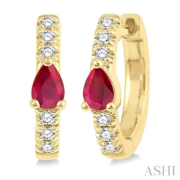 4X3 MM Pear Cut Ruby and 1/10 Ctw Round Cut Diamond Petite Huggie Earrings in 10K Yellow Gold Hart's Jewelers Grants Pass, OR
