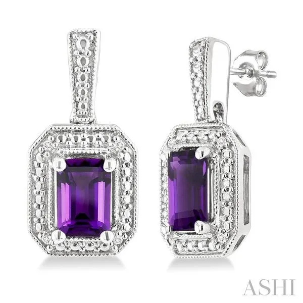 6X4 MM Octagon Shape Amethyst and 1/50 Ctw Single Cut Diamond Semi-Precious Earrings in Sterling Silver Hart's Jewelers Grants Pass, OR