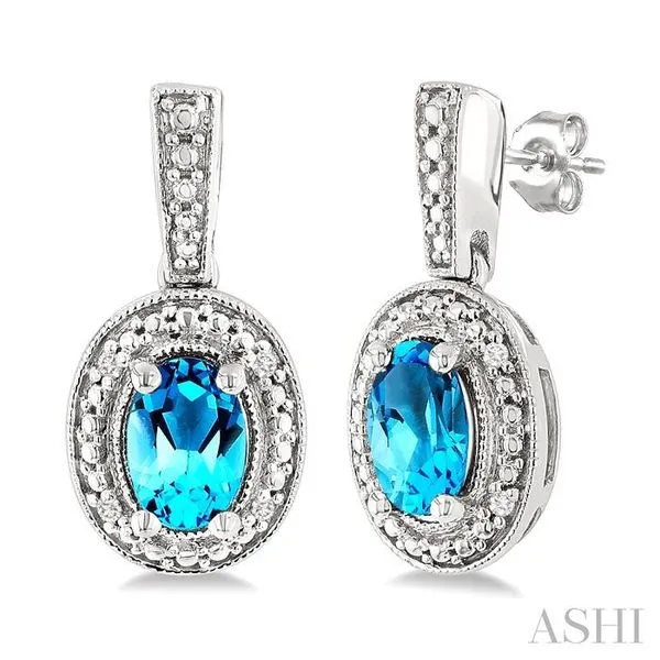 6X4 MM Oval Shape Blue Topaz and 1/50 Ctw Single Cut Diamond Semi-Precious Earrings in Sterling Silver Hart's Jewelers Grants Pass, OR