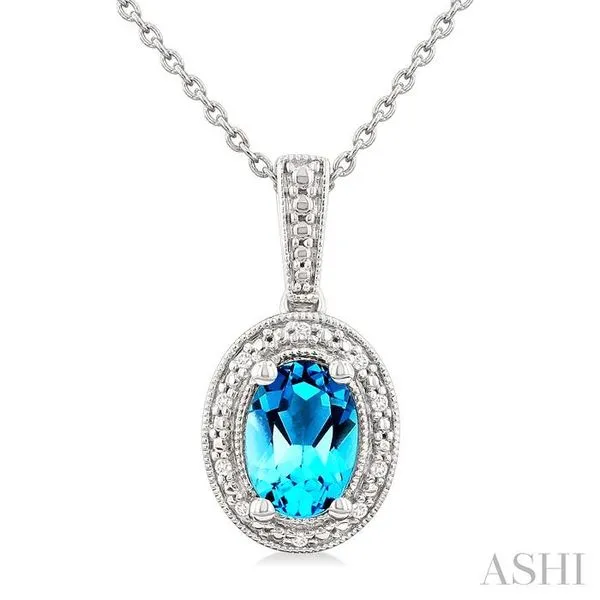 7X5 MM Oval Shape Blue Topaz and 1/50 Ctw Single Cut Diamond Semi-precious Pendant With Chain in Sterling Silver Hart's Jewelers Grants Pass, OR