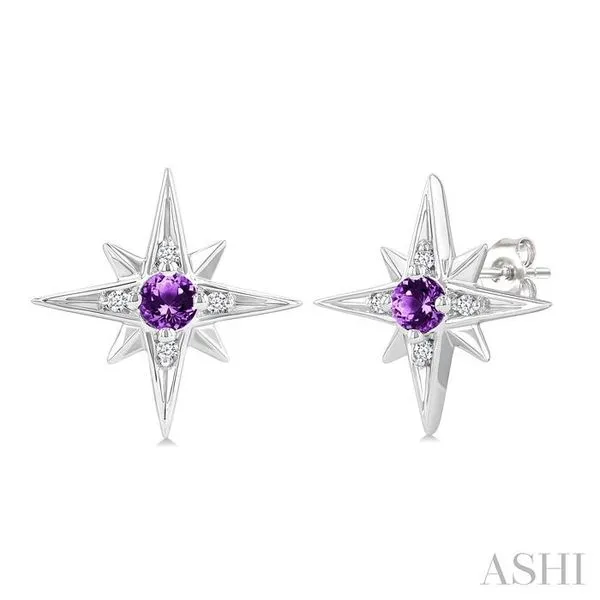 3 MM Round Cut Amethyst and 1/20 Ctw Round Cut Diamond Semi-Precious Fashion Earrings in Sterling Silver Hart's Jewelers Grants Pass, OR