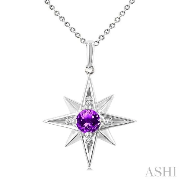 5 MM Round Cut Amethyst and 1/20 Ctw Round Cut Diamond Semi-Precious Fashion Pendant With Chain in Sterling Silver Hart's Jewelers Grants Pass, OR