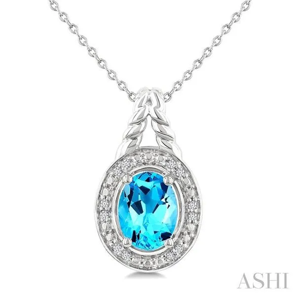 9X7 MM Oval Shape Blue Topaz and 1/20 Ctw Single Cut Diamond Semi-precious Pendant With Chain in Sterling Silver Hart's Jewelers Grants Pass, OR