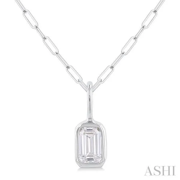 1/5 Ctw Emerald Cut Bezel Set Diamond Fashion Pendant With Paperclip Chain in 14K White Gold Hart's Jewelers Grants Pass, OR