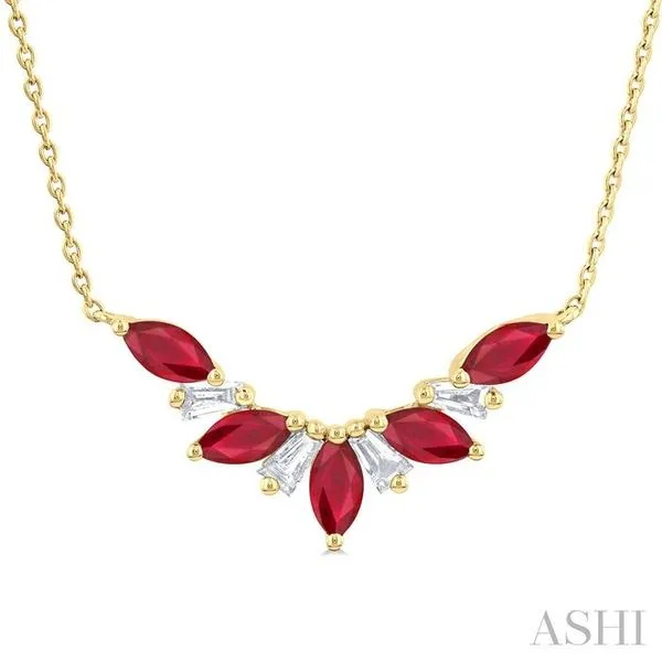 5x2.5 MM Marquise Cut Ruby and 1/6 Ctw Baguette Cut Diamond Precious Gemstone Necklace in 14K Yellow Gold Hart's Jewelers Grants Pass, OR