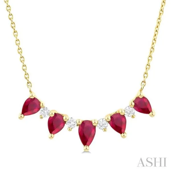 5x3 MM & 4x3 MM Pear Cut Ruby and 1/8 Ctw Round Cut Diamond Precious Necklace in 14K Yellow Gold Hart's Jewelers Grants Pass, OR