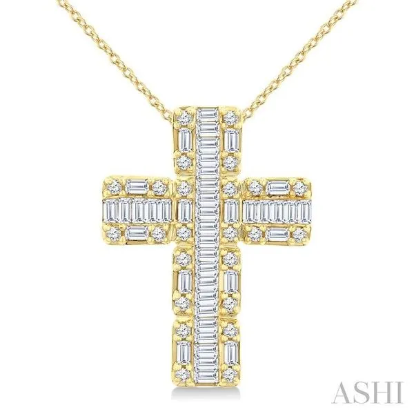 1 Ctw Fusion Baguette and Round Cut Diamond Cross Fashion Pendant With Chain in 14K Yellow Gold Hart's Jewelers Grants Pass, OR