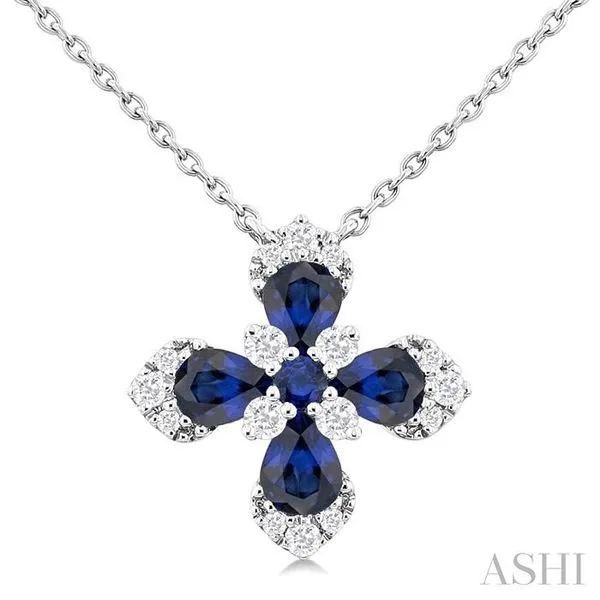 4x3 MM Pear and 2 MM Round Sapphire and 1/6 Ctw Round Cut Diamond Floral Blossom Precious Pendant With Chain in 14K white Gold Hart's Jewelers Grants Pass, OR