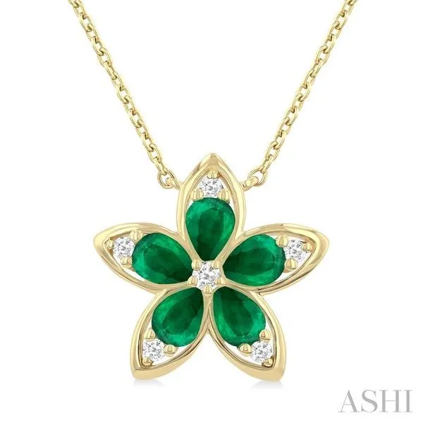 4x3 MM Pear Cut Emerald and 1/20 Ctw Round Cut Diamond Floral Motif Pendant With Chain in 14K Yellow Gold Hart's Jewelers Grants Pass, OR