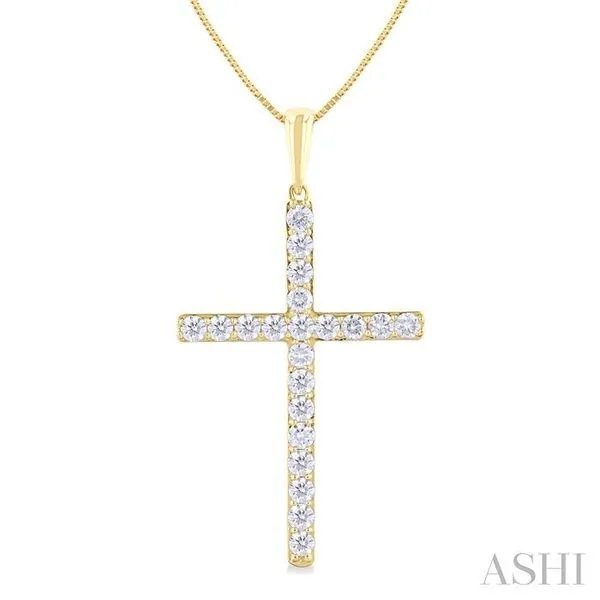1/2 Ctw Round Cut Diamond Prong Set 1-Inch Plate Cross Pendant With Chain in 14K Yellow Gold Hart's Jewelers Grants Pass, OR