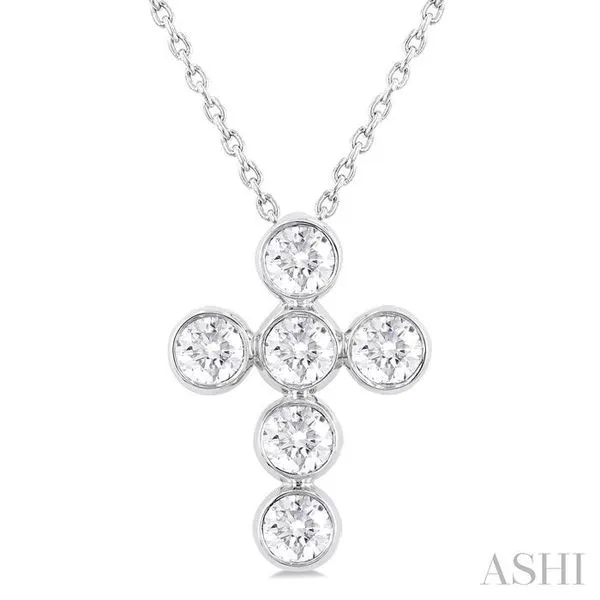 1 Ctw Round Cut Diamond 6-Stone Bezel Set Cross Pendant With Chain in 14K White Gold Hart's Jewelers Grants Pass, OR