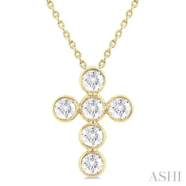 1 Ctw Round Cut Diamond 6-Stone Bezel Set Cross Pendant With Chain in 14K Yellow Gold Hart's Jewelers Grants Pass, OR