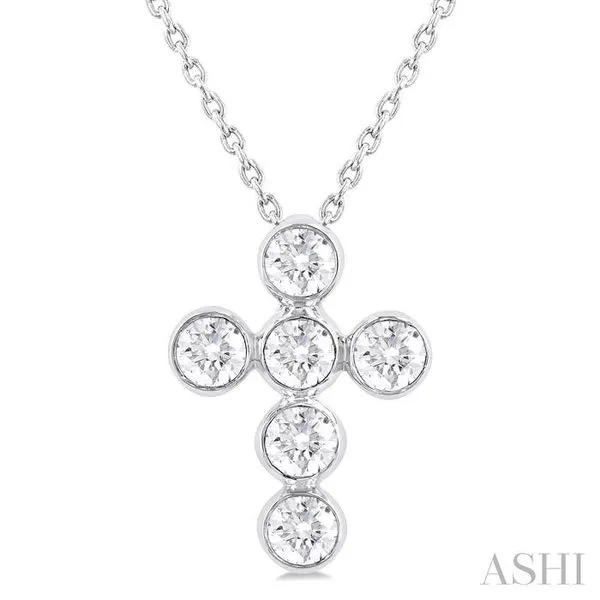3/4 Ctw Round Cut Diamond 6-Stone Bezel Set Cross Pendant With Chain in 14K White Gold Hart's Jewelers Grants Pass, OR
