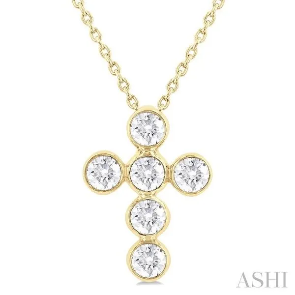 3/4 Ctw Round Cut Diamond 6-Stone Bezel Set Cross Pendant With Chain in 14K Yellow Gold Hart's Jewelers Grants Pass, OR