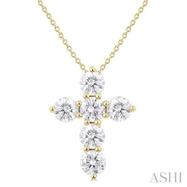 2 Ctw Round Cut Diamond Christian Cross 6-Stone Fashion Pendant With Chain in 14K Yellow Gold Hart's Jewelers Grants Pass, OR