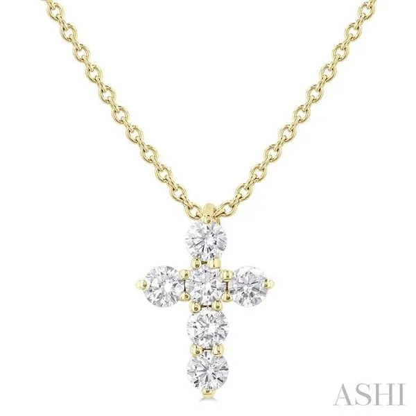 1/4 Ctw Round Cut Diamond Christian Cross 6-Stone Fashion Pendant With Chain in 14K Yellow Gold Hart's Jewelers Grants Pass, OR