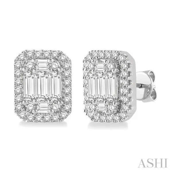 1 Ctw Octagonal Baguette & Round Cut Diamond Stud Earrings in 14K White Gold Hart's Jewelers Grants Pass, OR
