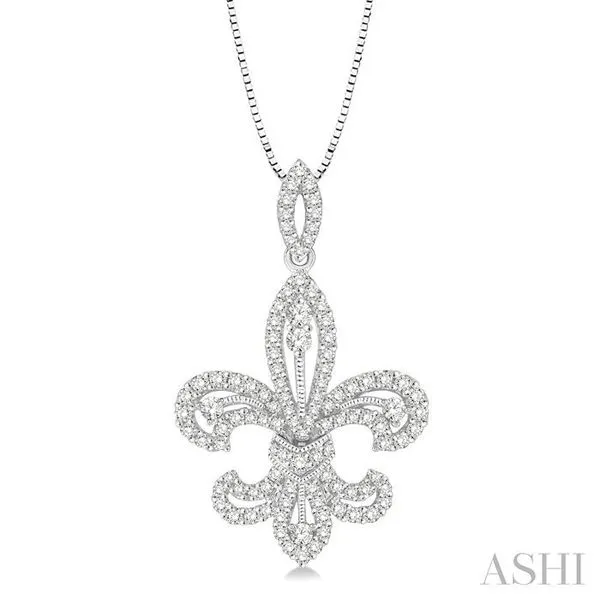 7/8 Ctw Round Cut Diamond Fleur De Lis Diamond Pendant in 14K White Gold with Chain Hart's Jewelers Grants Pass, OR