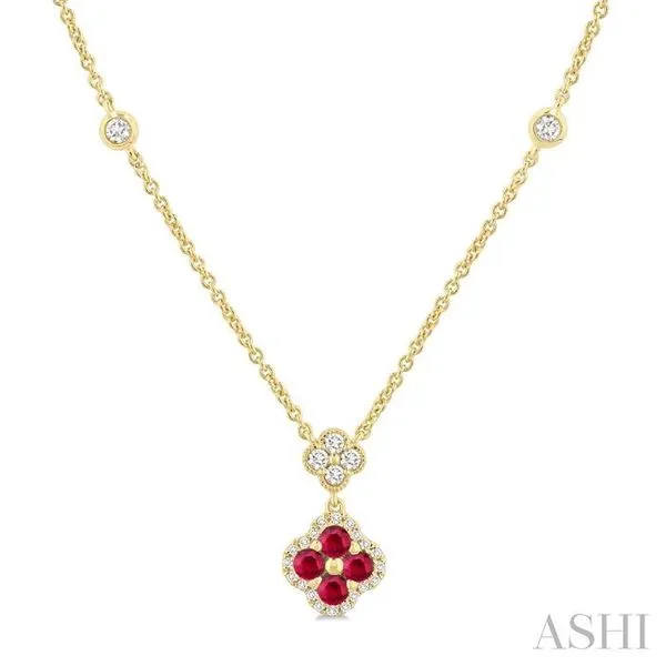 2.4 MM Round Shape Ruby and 1/4 Ctw Clover Round Cut Diamond Station Necklace in 14K Yellow Gold Hart's Jewelers Grants Pass, OR