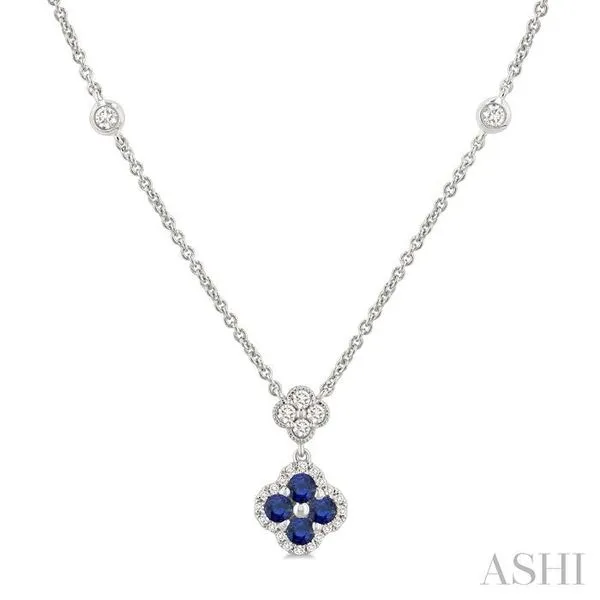 2.4 MM Round Shape Sapphire and 1/4 Ctw Clover Round Cut Diamond Station Necklace in 14K White Gold Hart's Jewelers Grants Pass, OR