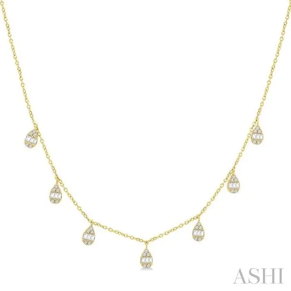 1/3 Ctw Pear Shaped Danglers Fusion Baguette and Round Cut Diamond Station Necklace in 10K Yellow Gold Hart's Jewelers Grants Pass, OR