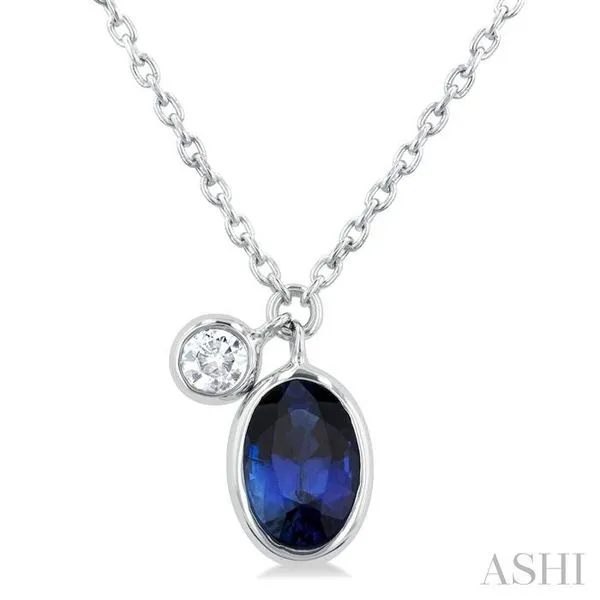 6x4 MM Oval Cut Sapphire and 1/20 Ctw Bezel Set Round Cut Diamond Precious Pendant With Chain in 14K White Gold Hart's Jewelers Grants Pass, OR