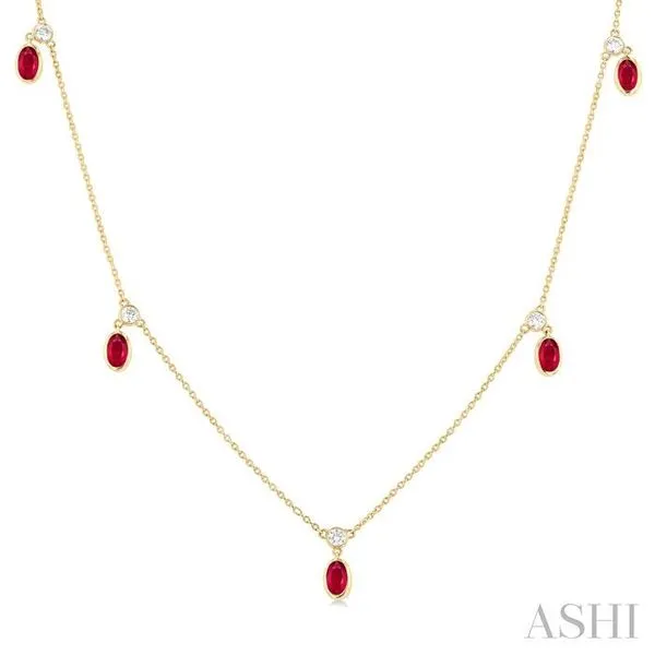 5x3 MM Oval Shape Ruby and 1/8 Ctw Round Cut Diamonds Precious Station Necklace in 10K Yellow Gold Hart's Jewelers Grants Pass, OR