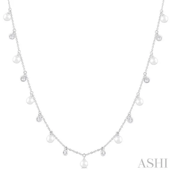 4 MM Round Shape Cultured Pearl and 1/4 Ctw Round Cut Diamond Station Necklace in 14K White Gold Hart's Jewelers Grants Pass, OR