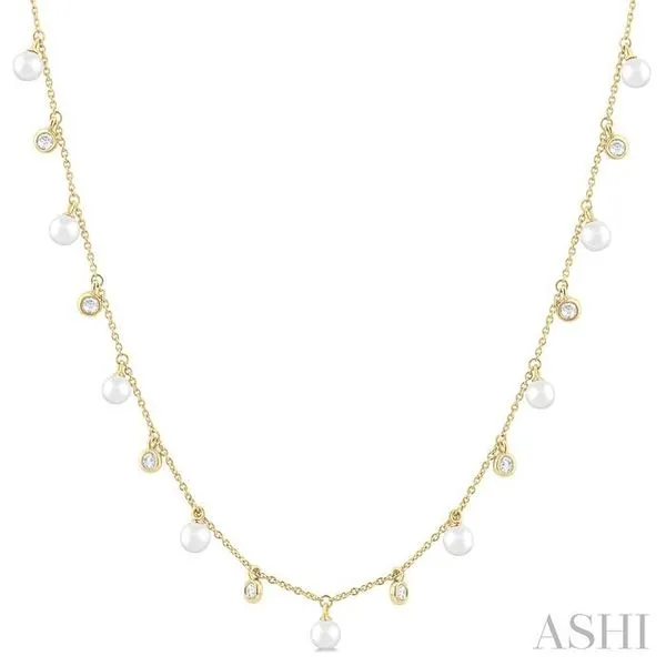 4 MM Round Shape Cultured Pearl and 1/4 Ctw Round Cut Diamond Station Necklace in 14K Yellow Gold Hart's Jewelers Grants Pass, OR