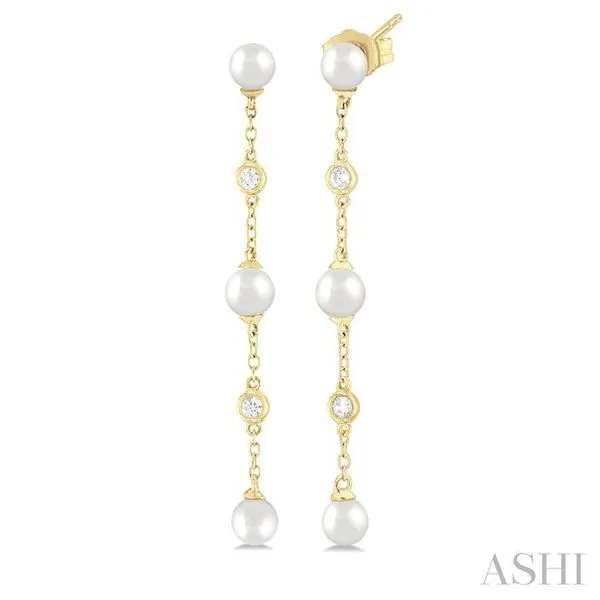 1/20 Ctw Cultured Pearls 4MM and Round Cut Diamond Station Long Earring in 14K Yellow Gold Hart's Jewelers Grants Pass, OR