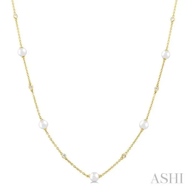 3 MM Round Shape Cultured Pearl and 1/8 Ctw Round Cut Diamond Station Necklace in 14K Yellow Gold Hart's Jewelers Grants Pass, OR