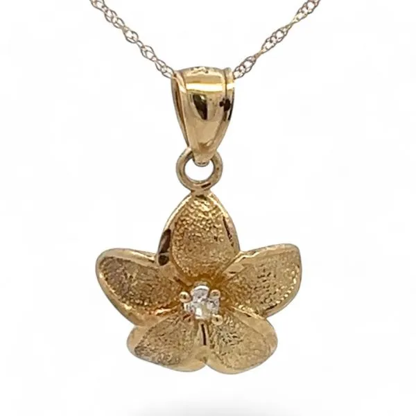 14k Yellow Gold 2.7mm Round Cubic Zirconia Flower Pendant with Chain