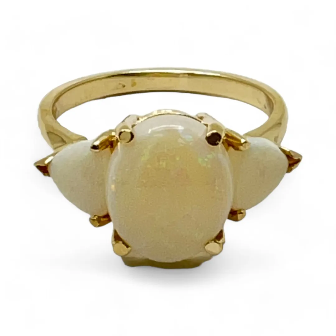 14k Yellow Gold 3-Stone Oval and Triangular Opal Ring Size 8