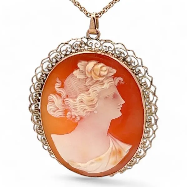 14k Yellow Gold Cameo 40x27mm Pendant with 18in Cable Chain