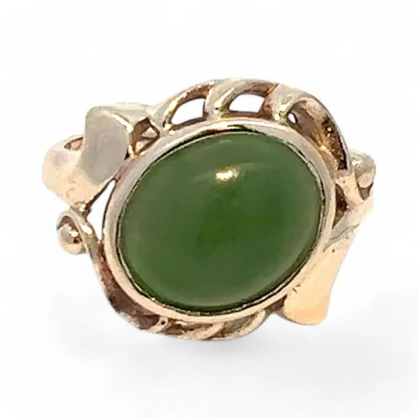 10k Yellow Gold Dark Green Oval Nephrite Fashion Ring Size 6