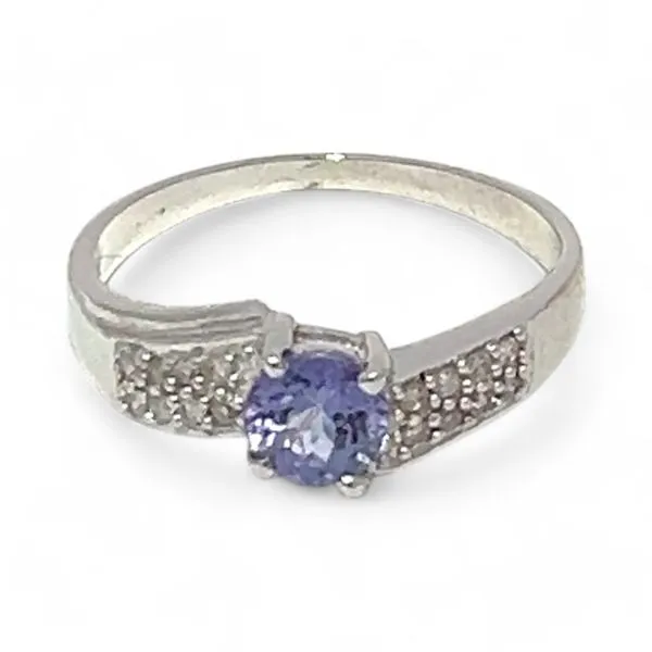 18k White Gold Round Blue Tanzanite and 1/10ctw Diamond Ring Size 6