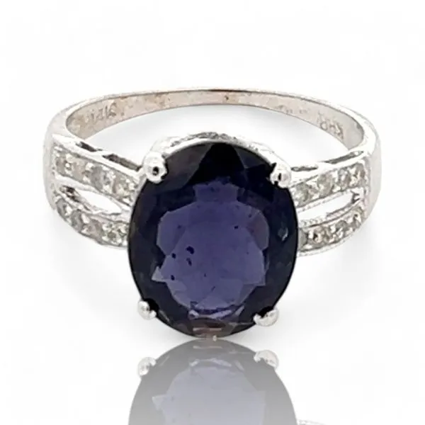14k White Gold Purplish Blue Iolite and Diamond Ring Size 6.25