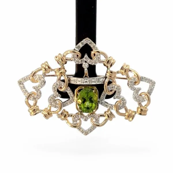 14k Yellow and White Gold Oval Green Stone and 1/3ctw Diamond Brooch