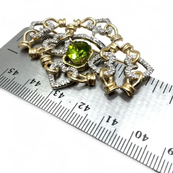 14k Yellow and White Gold Oval Green Stone and 1/3ctw Diamond Brooch