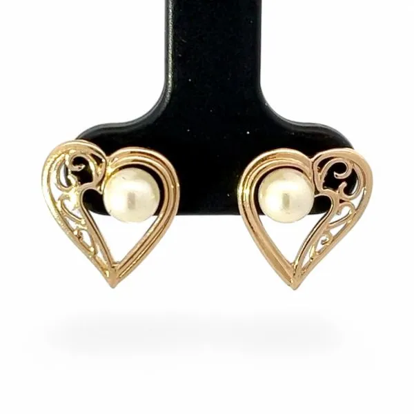 14k Yellow Gold Cream Colored Freshwater Pearl Heart Earrings