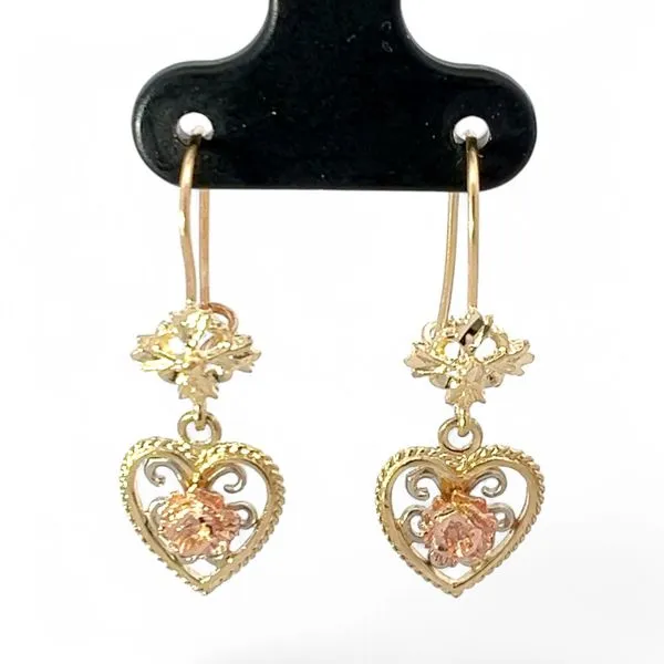14k Yellow, Rose, and White Gold Dangling Heart-Shaped Earrings