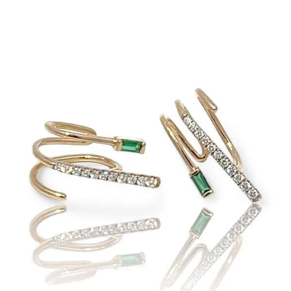 14k Yellow Gold Lab Grown Diamond and Emerald Cuff Earrings