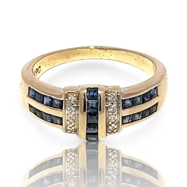 14k Yellow Gold Princess Cut Blue Sapphire and Diamond Ring Size 9