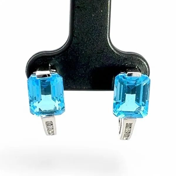 10k White Gold Emerald Cut Blue Topaz and 1/10ctw Diamond Earrings